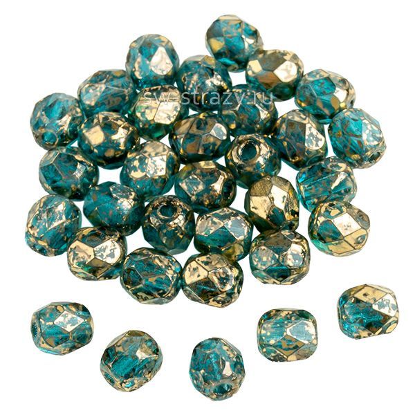 Бусины граненые Firepolished 4 мм бирюза с золотом 75