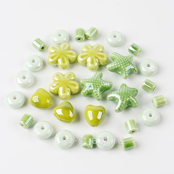Микс керамических бусин салатовый